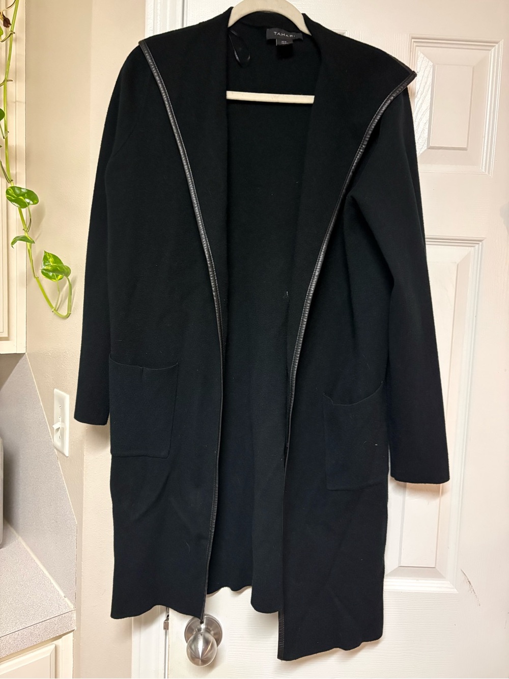 Tahari Black Hooded Faux Leather Trim Belted Wrap Longline Cardigan Jacket